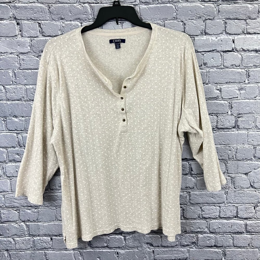 Chaps Henley Knit Shirt Beige with white Polka Dots 2X‎ 3/4 Sleeve